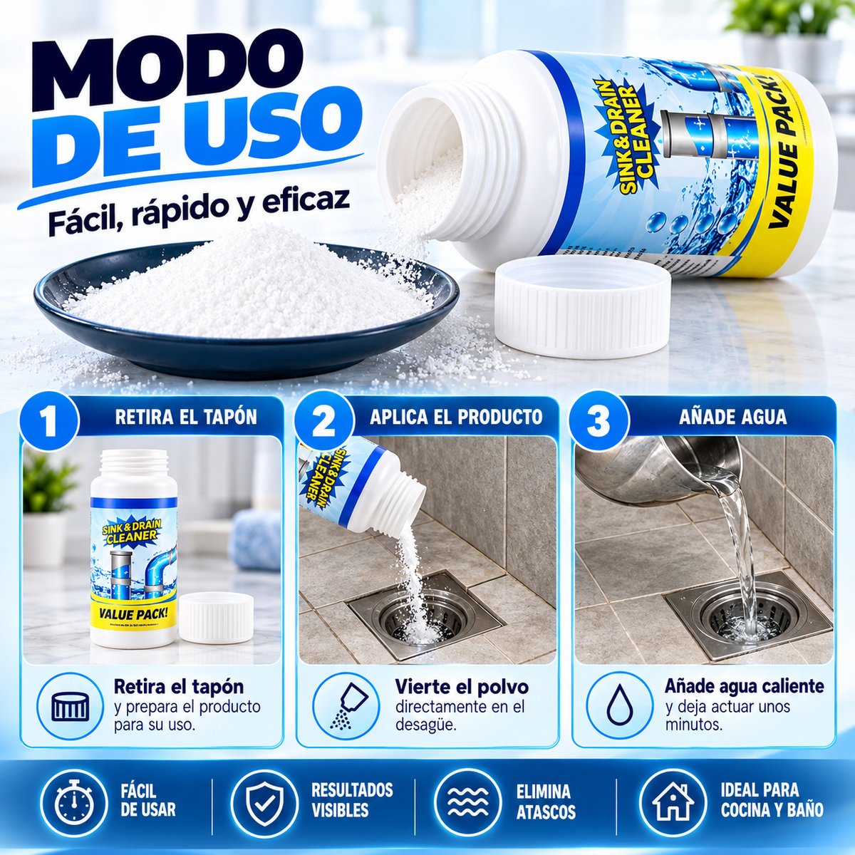 TurboDrain® | Pack Ahorro x3 – Limpiador de Tuberías y Desagües